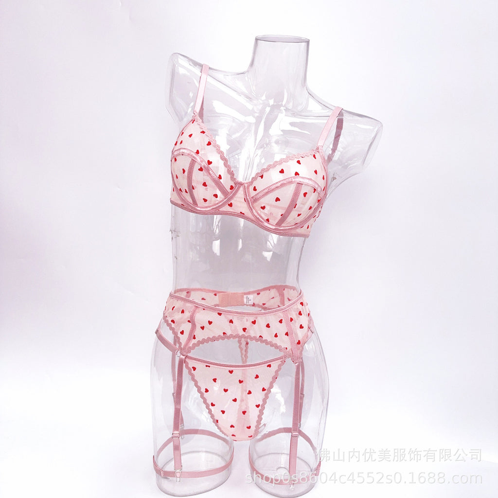Pink Velvet Heart Mesh Lingerie Set